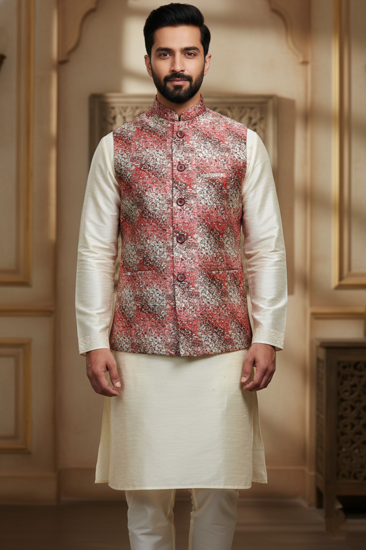 The Modern Maharaja: Abstract Printed Nehru Jacket & Silk Kurta Set