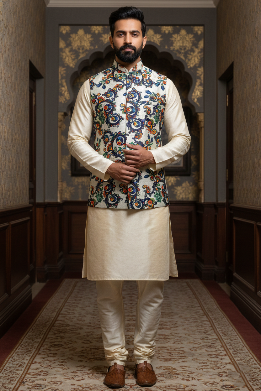 Title: Ornate Heritage: The Multi-Chrome Botanical Nehru Ensemble
