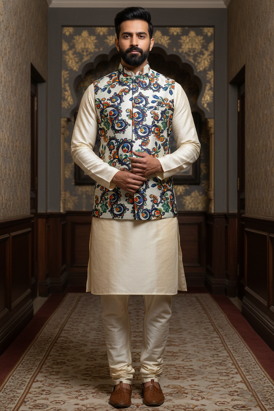 Title: Ornate Heritage: The Multi-Chrome Botanical Nehru Ensemble