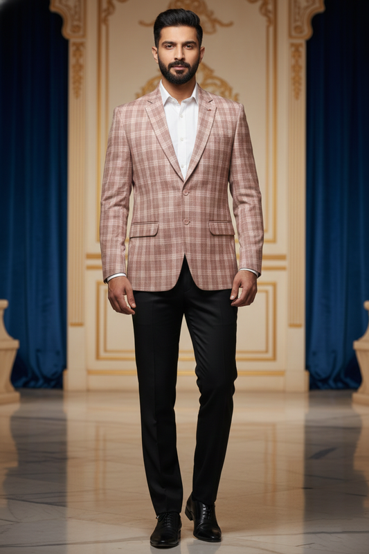 Pink & Brown Plaid Tailored Blazer with Two-Button Closure