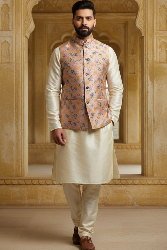 Title: Pastel Harmony: The Rose-Toned Botanical Nehru Ensemble