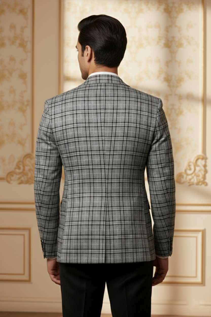 Men'sPremium Grey Glen Plaid Blazer , Slim-Fit Checked Formal Sport Coat for Business & Weddings