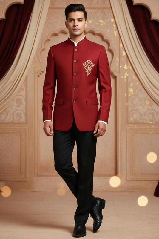 Men's Premium Maroon Jacquard Jodhpuri Blazer