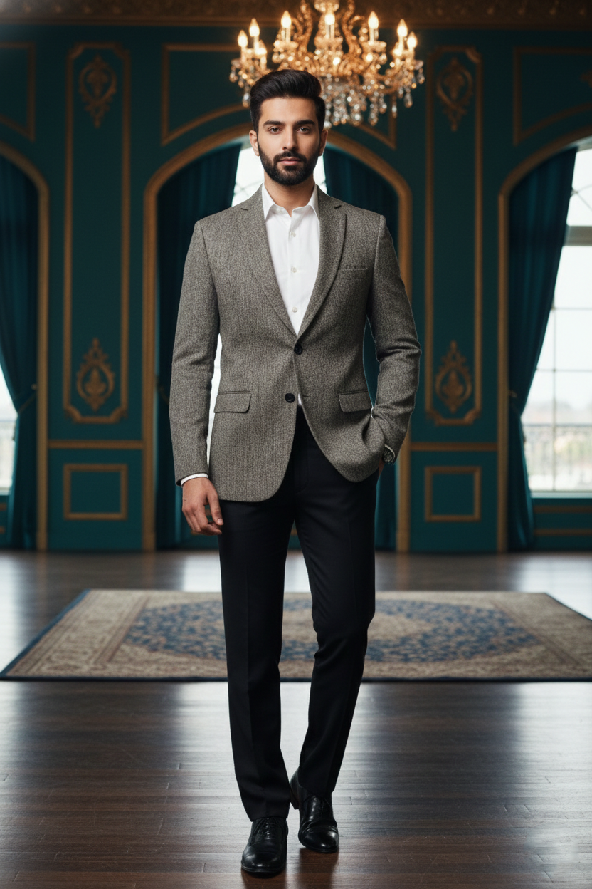 Men's Grey Textured Jacquard Blazer