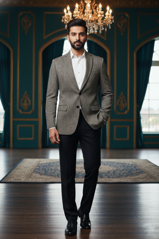 Men's Grey Textured Jacquard Blazer