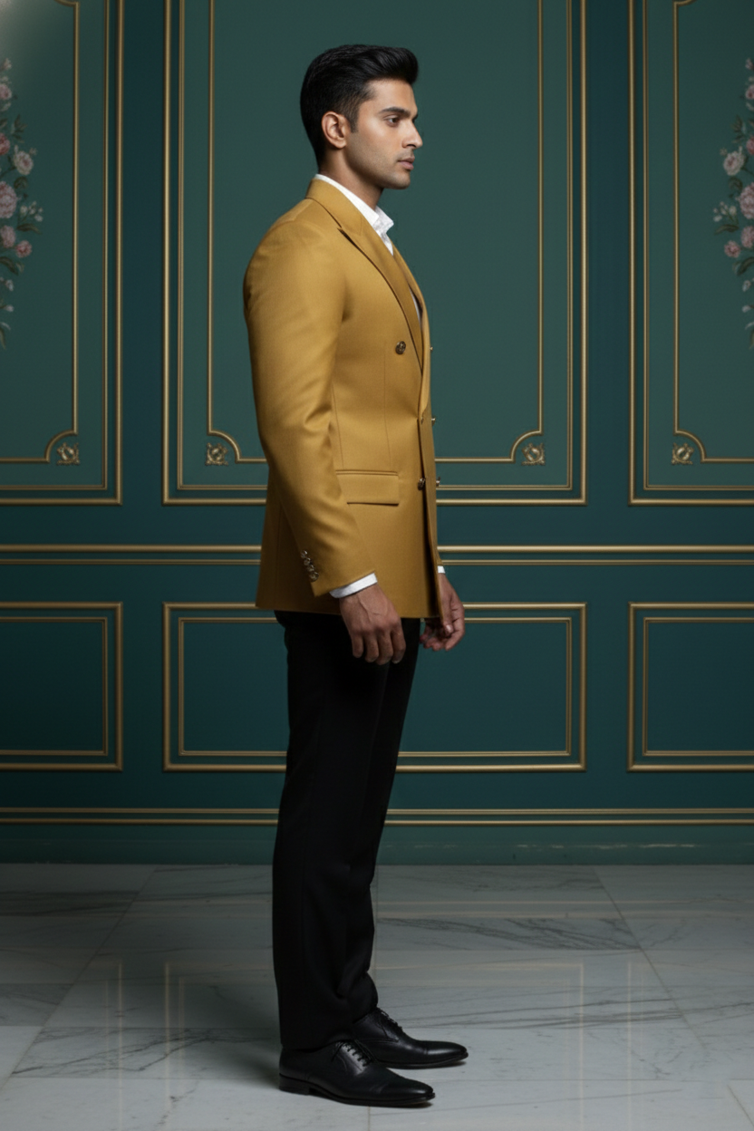 Men'sPremium Mustard Yellow Double-Breasted Blazer , Luxury Slim-Fit Formal Peak Lapel Jacket