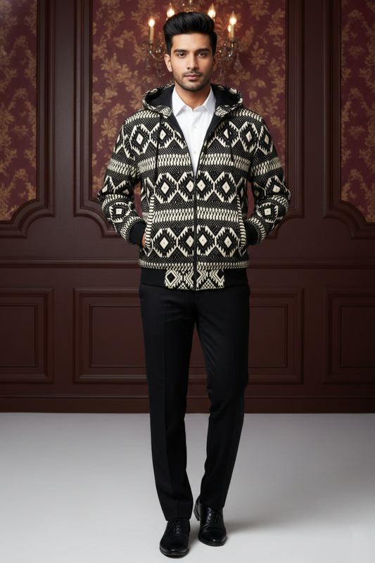 Men's Premium Geometric Knit Hooded Bomber Jacket , Patterned Full-Zip Winter Cardigan with Ribbed Cuffs