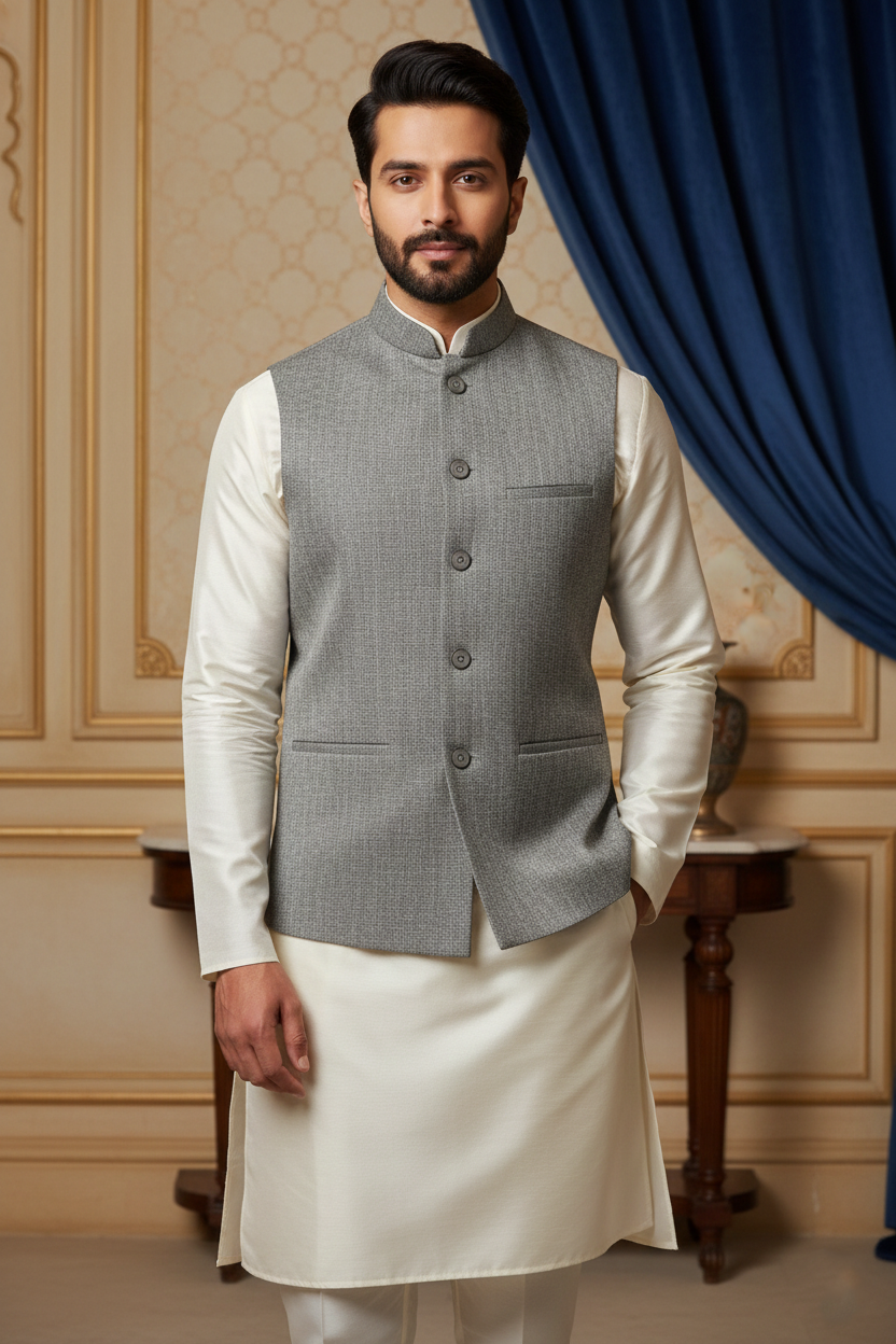 Men’s Grey Textured Nehru Jacket & Cream  Kurta Set