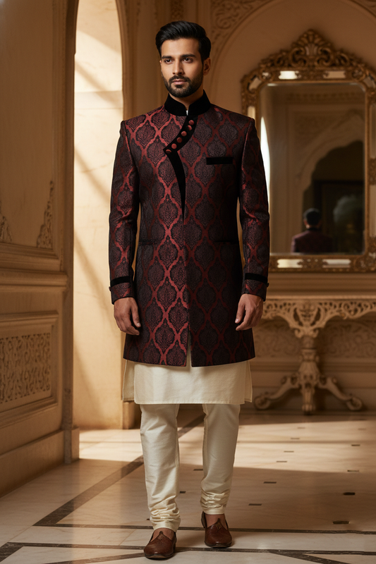 Maroon & Black Damask Sherwani