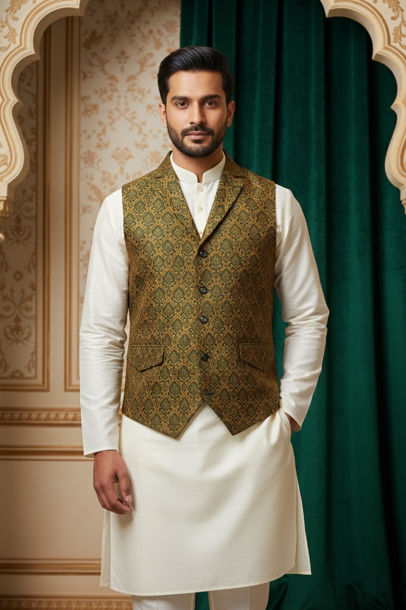 Designer Men’s Brocade Nehru Jacket | Traditional Wedding & Festival Wear  Sleeveless Waistcoat with Mandarin Collar