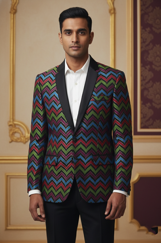 Multicolor Zigzag Double-Breasted Blazer with Satin Lapels
