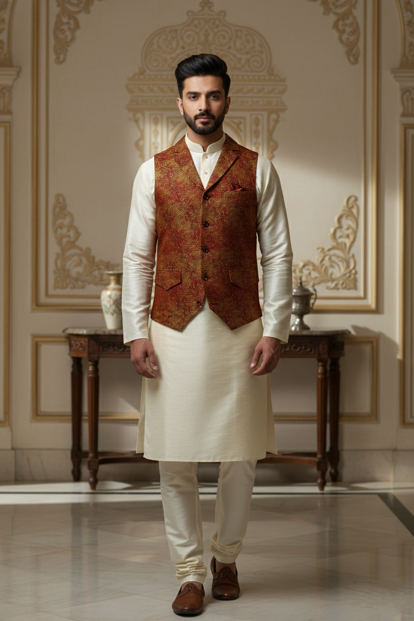 Men's Rust & Gold Brocade Waistcoat with Cream  Kurta Set