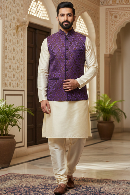 Purple Brocade Nehru Jacket with Cream Kurta Set