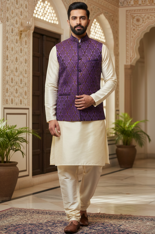 Purple Brocade Nehru Jacket with Cream Kurta Set