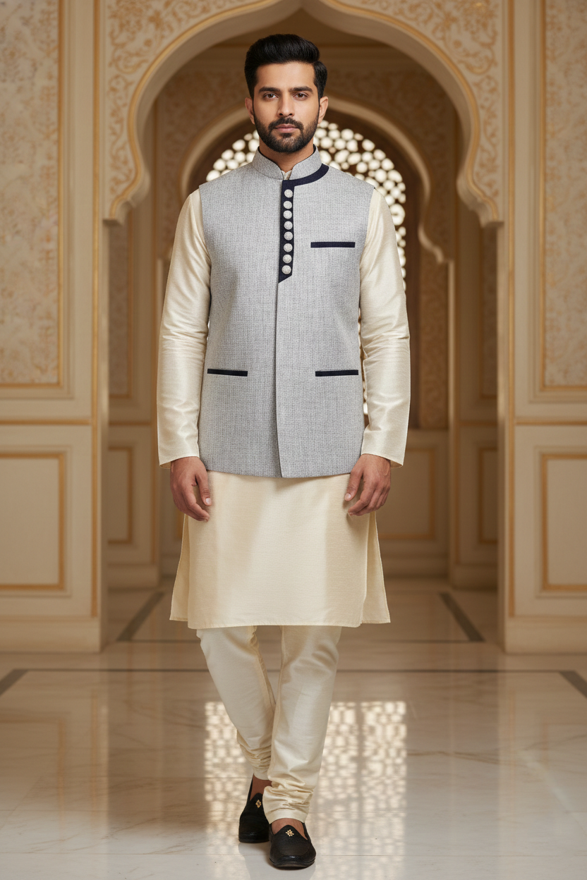 Light Grey Nehru Jacket with Cream Kurta Set