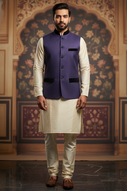 Men's Royal Purple Textured Nehru Jacket – Luxury Velvet Trim Ethnic Waistcoat | Designer Modi Jacket for Weddings, Receptions & Festivals