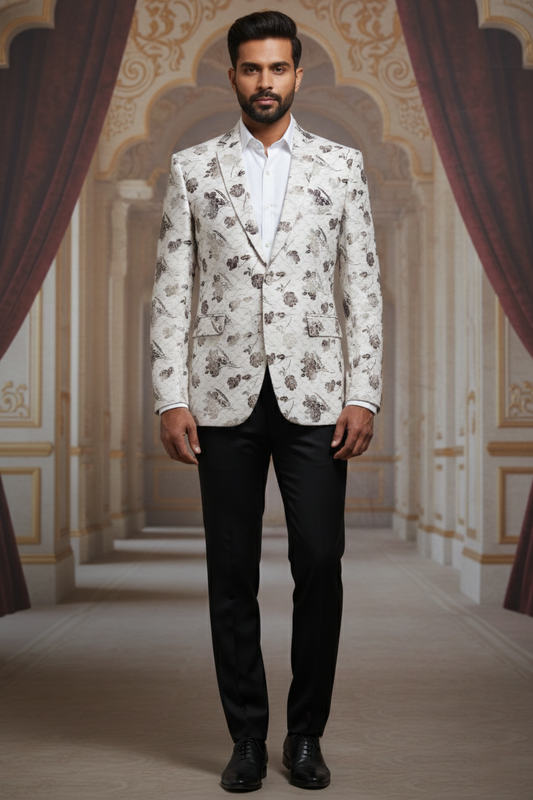 Ivory Lattice Bloom , Refined Floral Blazer