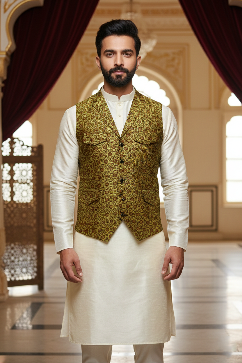 Men's Olive Green & Gold Geometric Print Nehru Jacket – Premium Multi-Pocket Designer Waistcoat with Notched Lapel for Ethnic & Fusion Wear