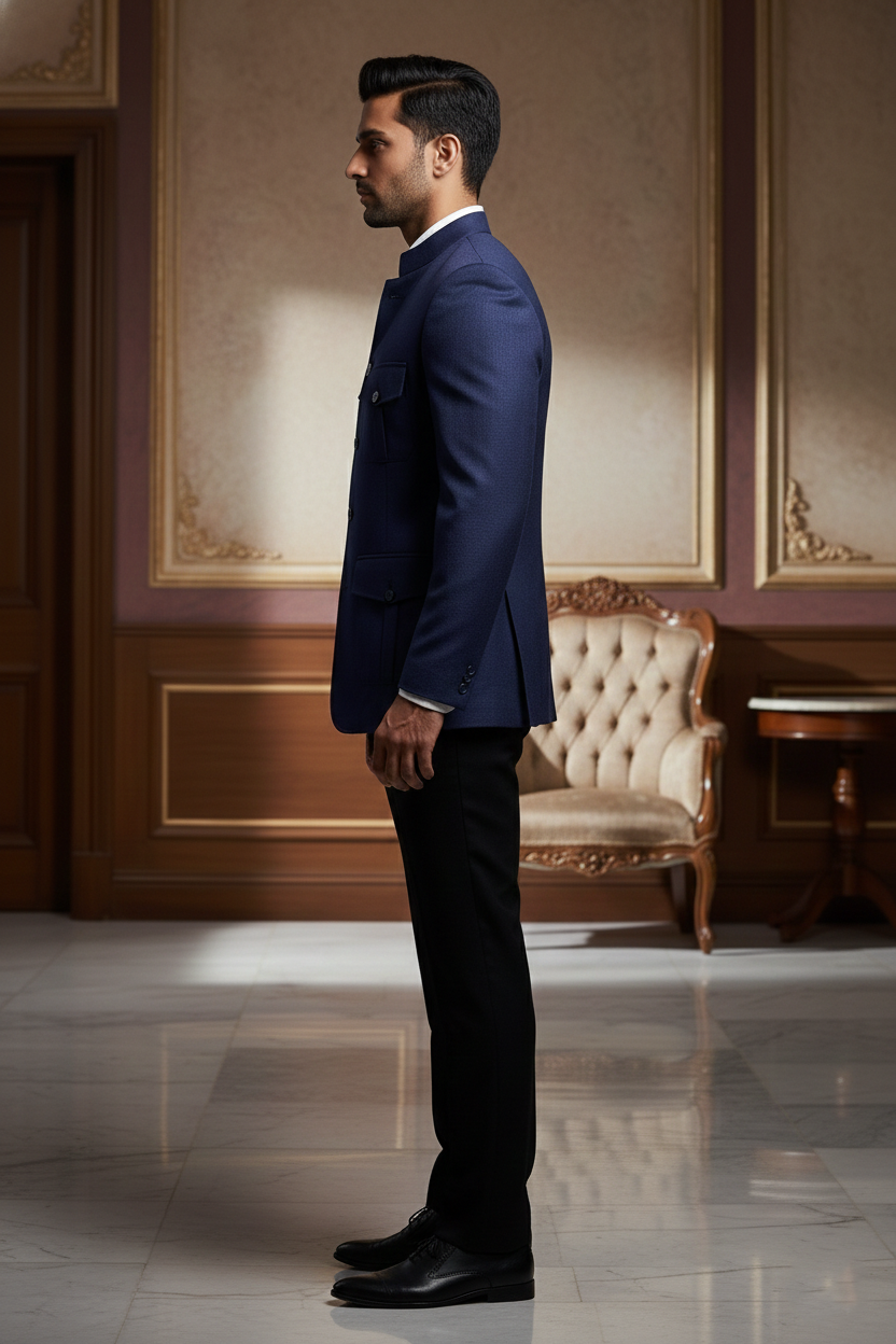 Men'sPremium Navy Blue Bandhgala Safari Jacket , Slim-Fit Ethnic Jodhpuri Blazer with Cargo Pockets