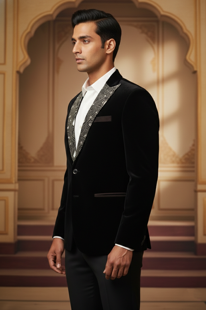 Midnight Black Velvet Blazer with Geometric Embroidered Lapels , Slim Fit Indo-Western Tuxedo