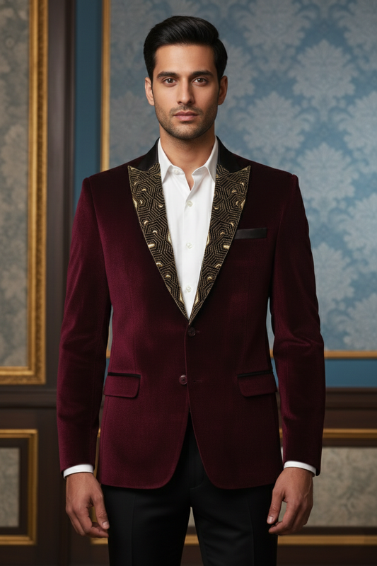 Men'sMaroon Velvet Embellished Blazer