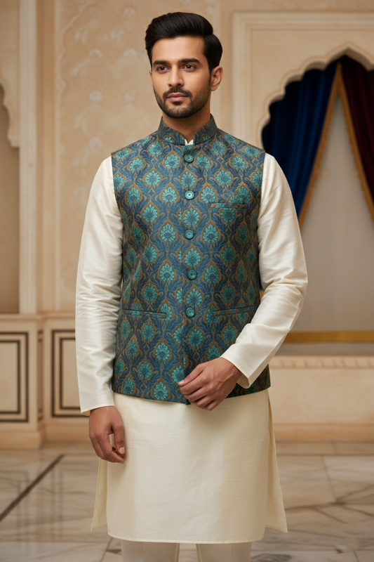 Men’s Teal Printed Nehru Jacket with Ivory Kurta