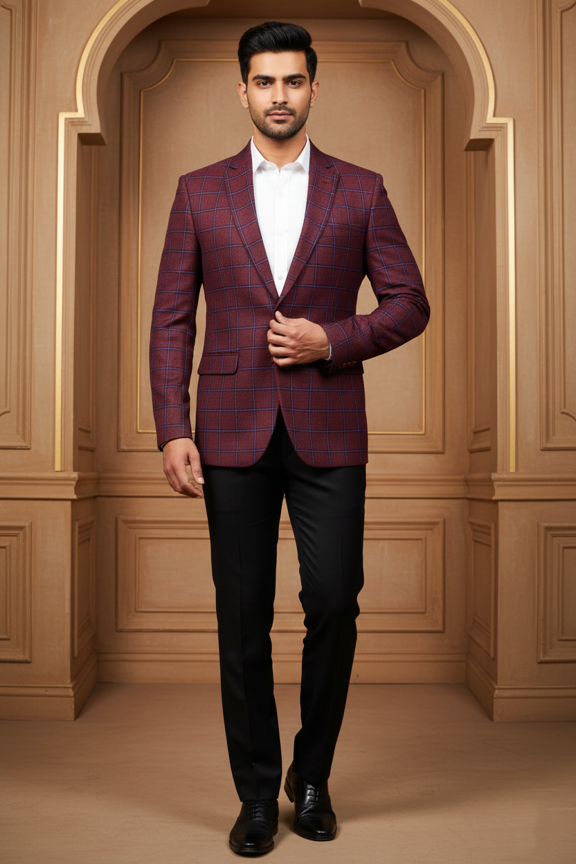 Men's Maroon & Navy Checkered Jacquard Blazer