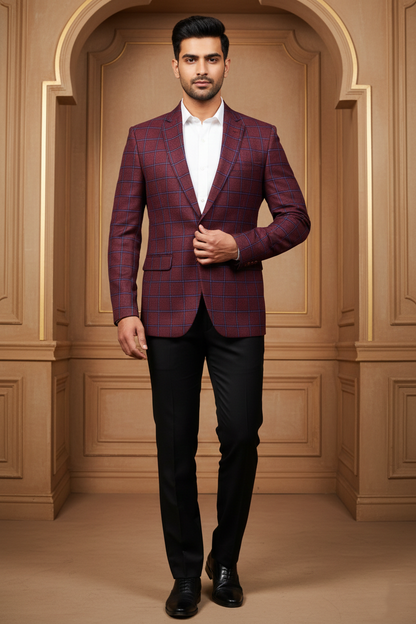 Men's Maroon & Navy Checkered Jacquard Blazer
