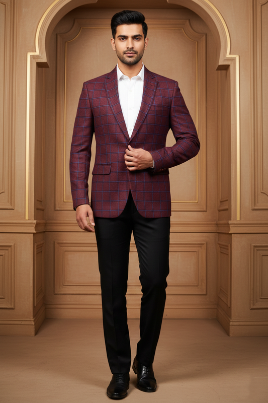 Men's Maroon & Navy Checkered Jacquard Blazer