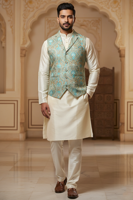 Men’s Light Blue Nehru Jacket with Embroidery Work | Ethnic Waistcoat for Wedding, Festive & Party Wear | Sleeveless Modi Jacket