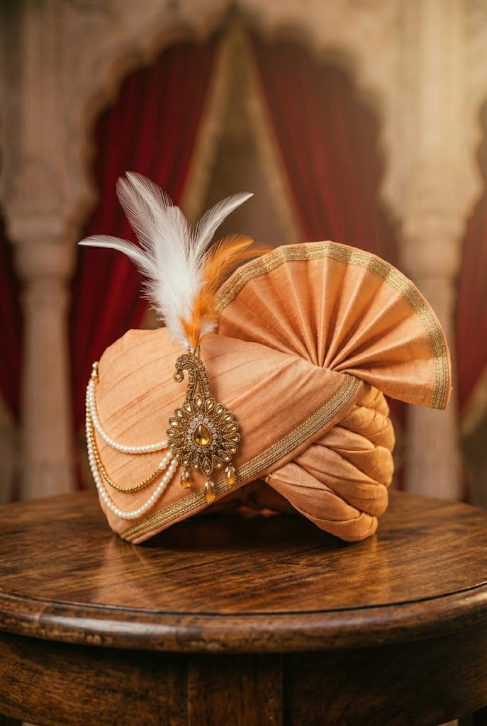 Royal Orange Raw Silk Groom Turban with Gold Zari