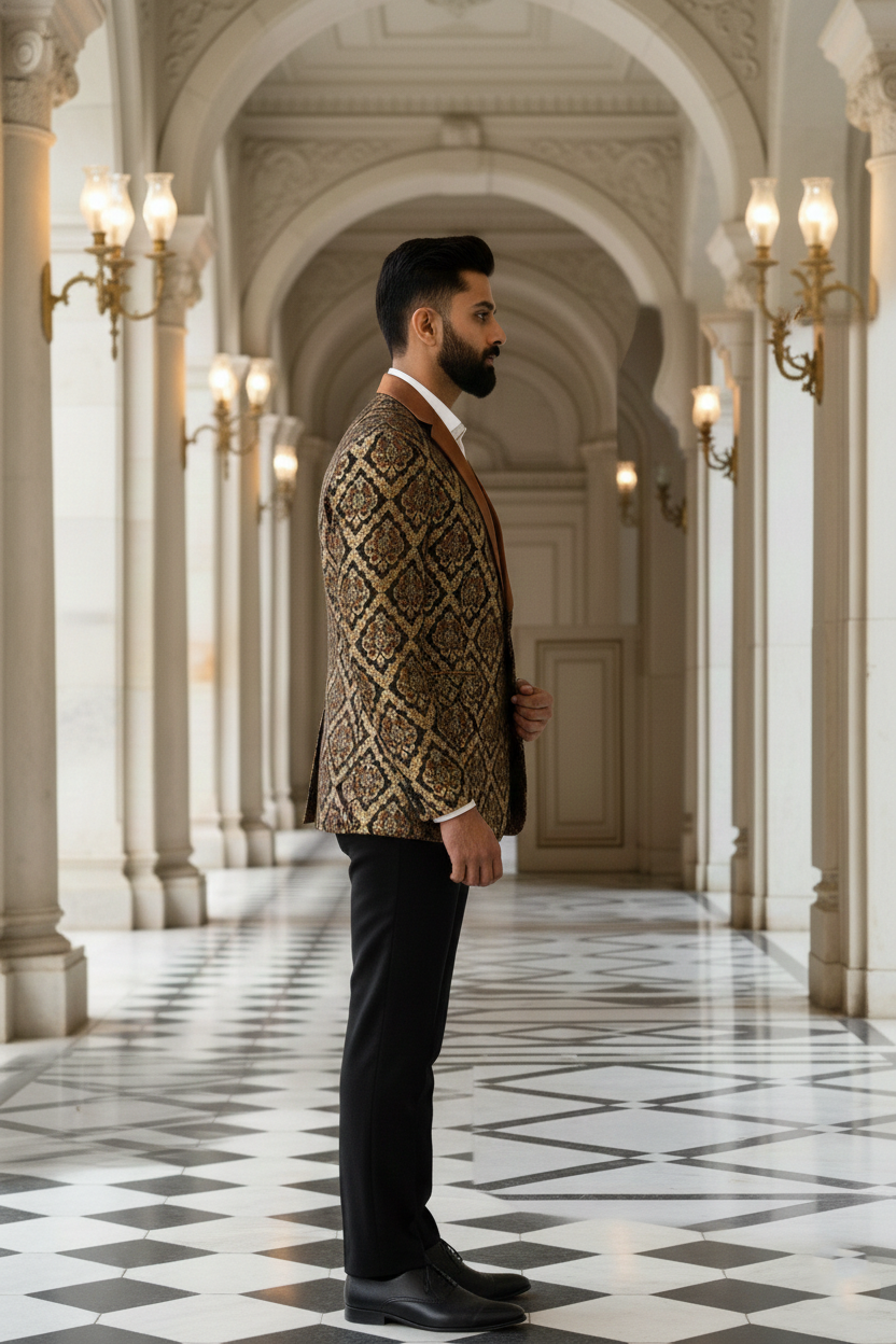 Men'sHeritage Brocade Tuxedo Blazer with Contrasting Copper Shawl Lapel