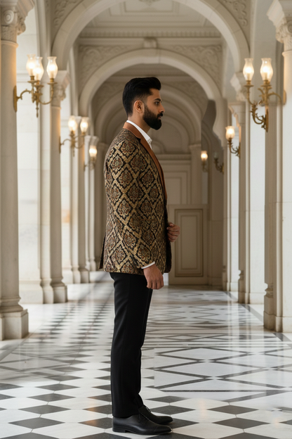Men'sHeritage Brocade Tuxedo Blazer with Contrasting Copper Shawl Lapel