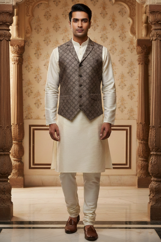Men’s Grey Designer Waistcoat | Black Line Work Slim Fit Festive Vest