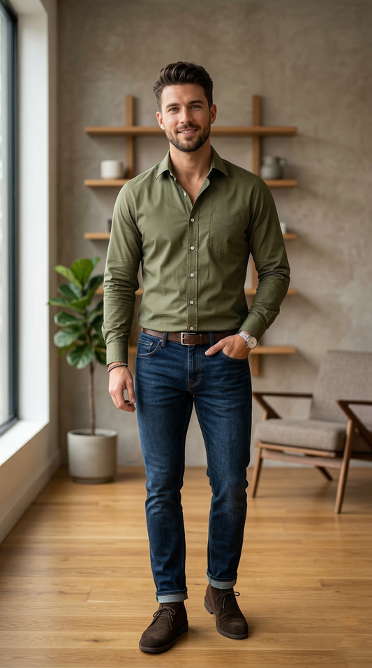 Men'sModern Olive Poplin , The Versatile Casual Essential