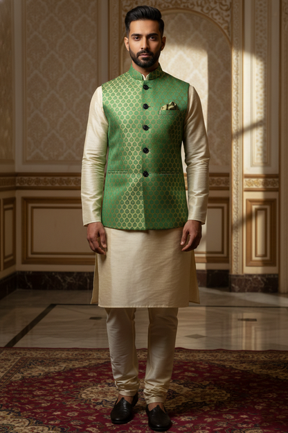 Men’s Green Nehru Jacket with Golden Touch Work | Ethnic Waistcoat for Wedding, Festive & Party Wear | Sleeveless Jacket