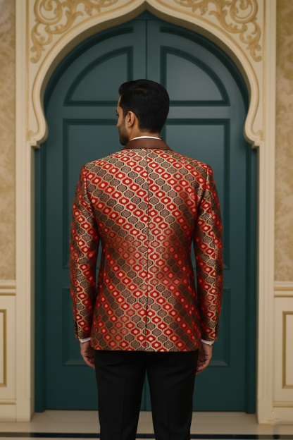 Men's Red and Gold Brocade Tuxedo Blazer , Ethnic Geometric Jacquard Wedding Jacket
