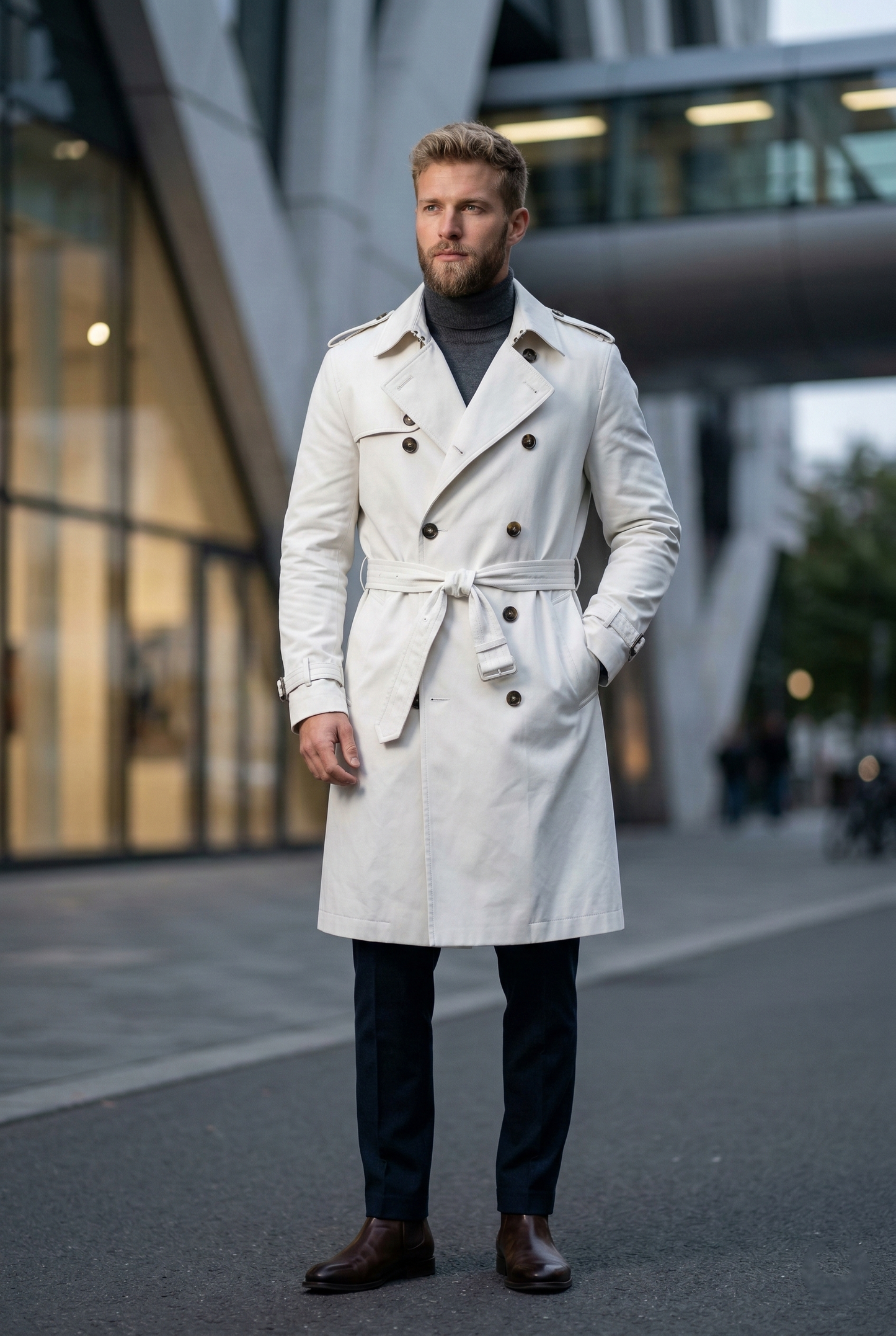 Men'sSlim-Fit Double-Breasted Long Trench Coat in Off-White
