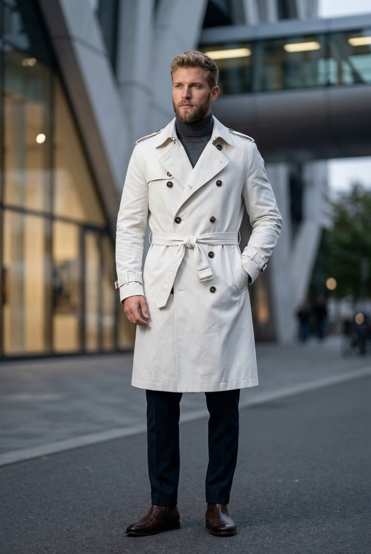 Men'sSlim-Fit Double-Breasted Long Trench Coat in Off-White