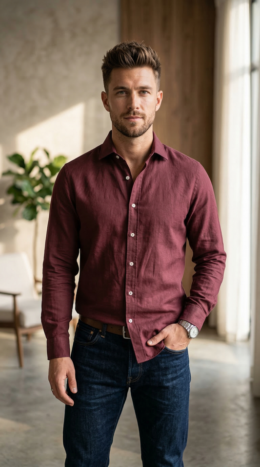 Men'sBurgundy Linen-Blend , The Elevated Casual Statement Shirt