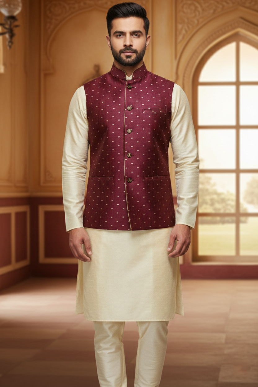 Men’s Maroon Dotted Nehru Jacket with Ivory Kurta  Pajama