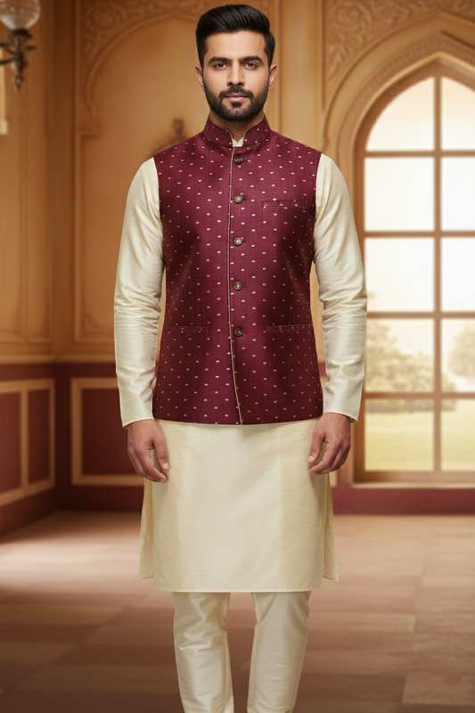 Men’s Maroon Dotted Nehru Jacket with Ivory Kurta  Pajama