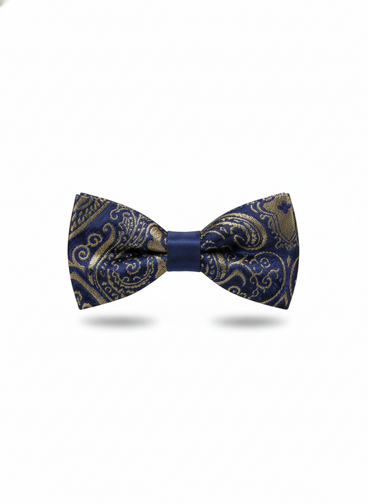 Elegant Navy & Gold Paisley Silk Bow Tie – Classic Formal Accessory