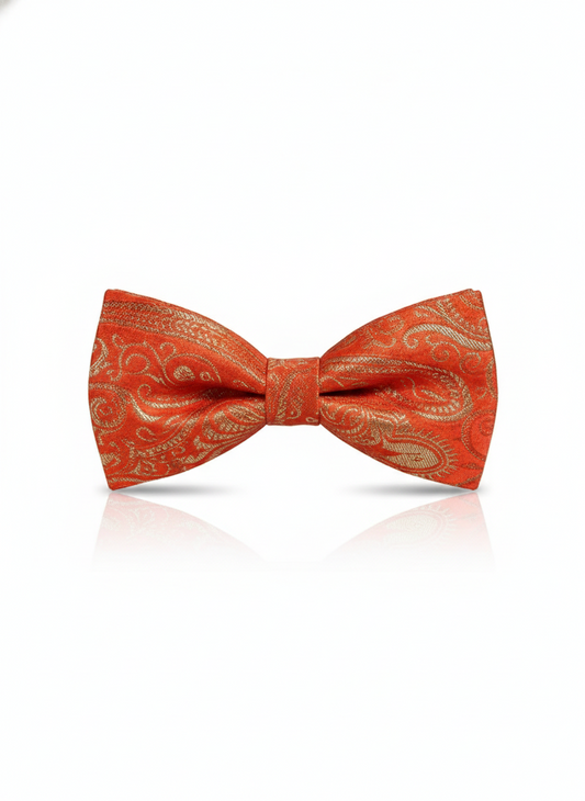 Vibrant Orange Silk Bow Tie with Golden Work – Formal Men’s Accessory