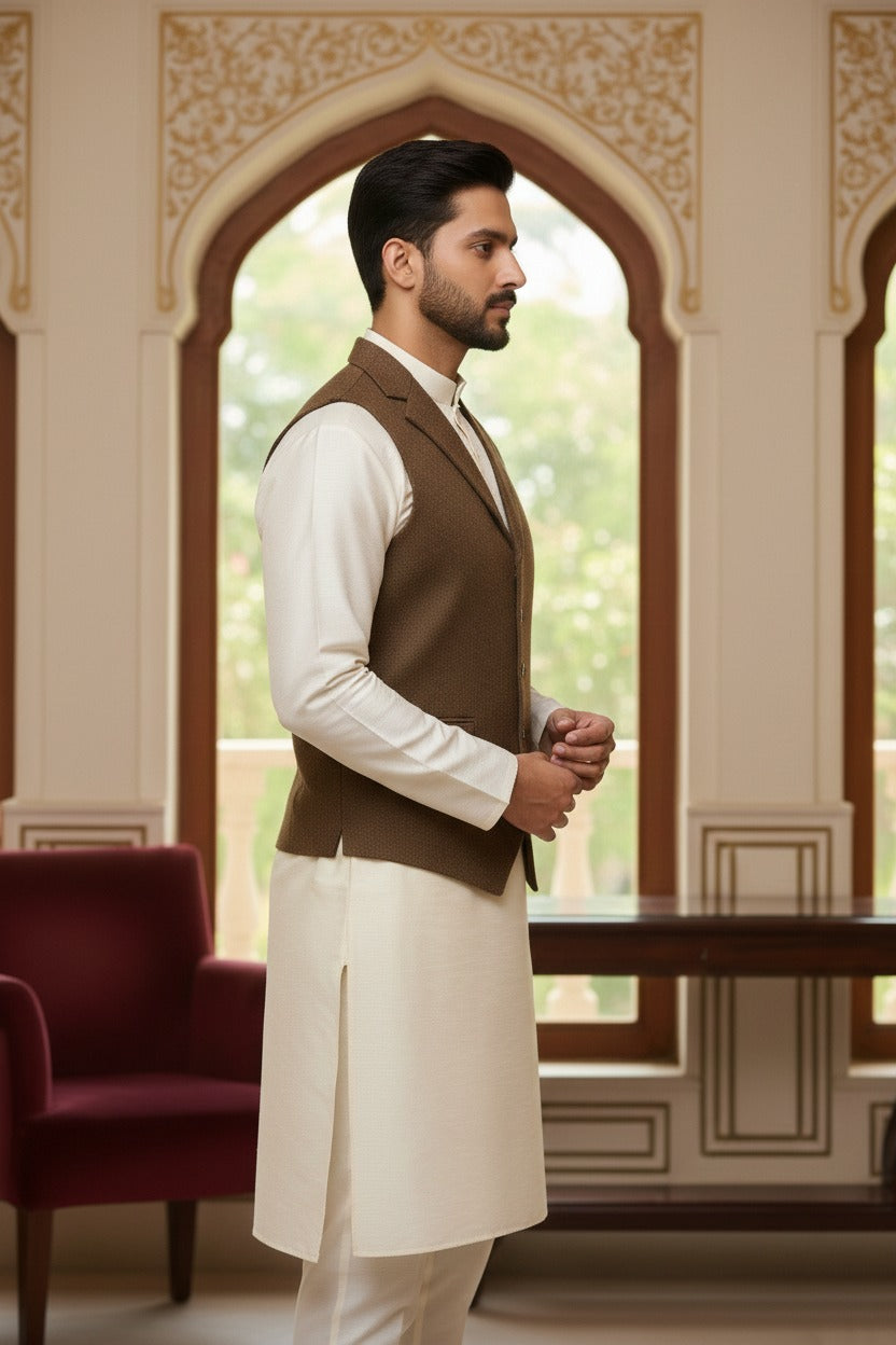 Men’s Brown Nehru Jacket | Classic Ethnic Waistcoat for Weddings, Festive & Party Wear