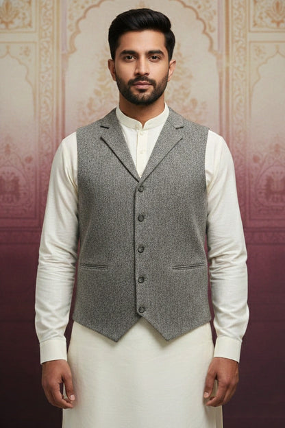 Men’s Grey & Black Nehru Jacket | Stylish Ethnic Waistcoat for Weddings & Festive Wear