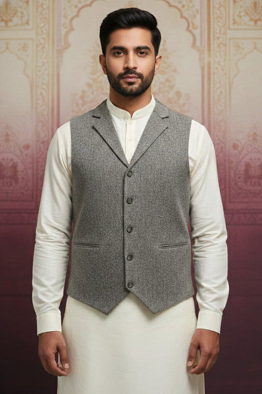 Men’s Grey & Black Nehru Jacket | Stylish Ethnic Waistcoat for Weddings & Festive Wear