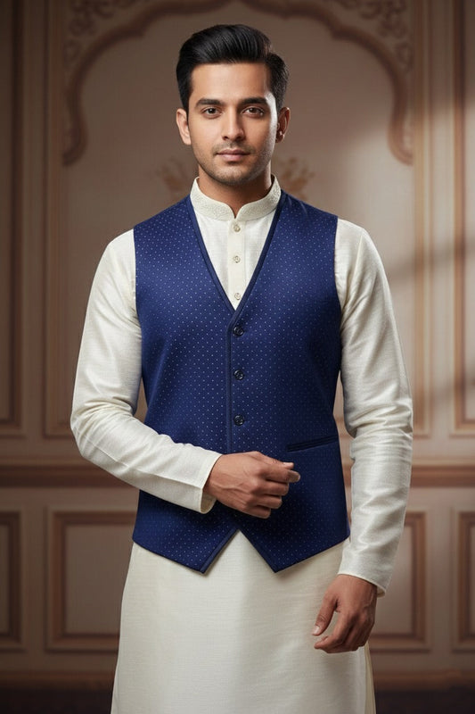 Men’s Dark Blue Nehru Jacket with Tiny White Dots Work | Festive Ethnic Waistcoat
