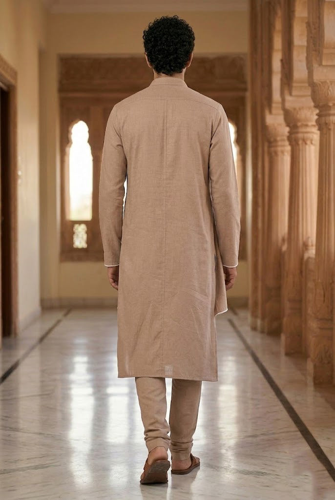 Men's Beige Draped AsyVBetric Designer Kurta Pajama