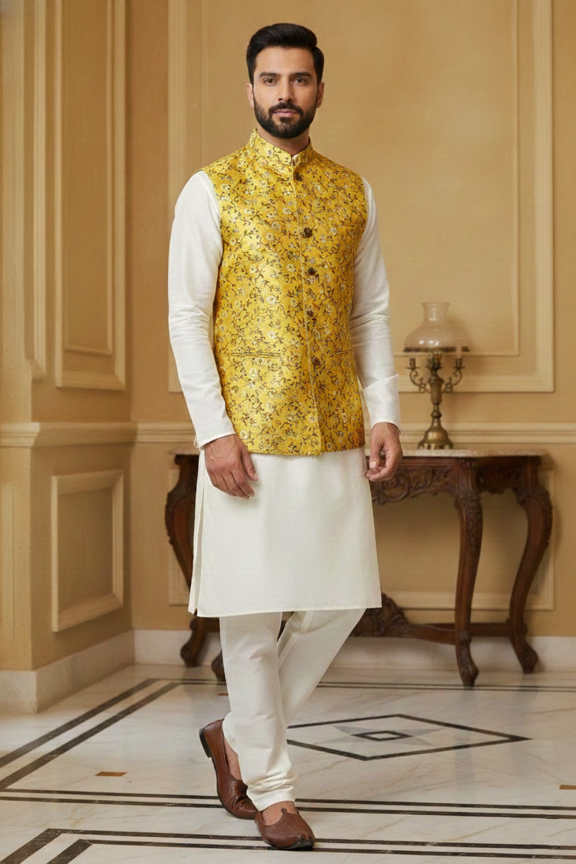 Radiant Mustard: Men’s Floral Brocade Nehru Jacket